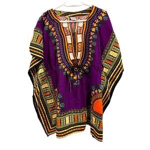 Karan Dashiki Shirt Cover Up 100% Cotton Boho Festival Tribal Print Purple 2X